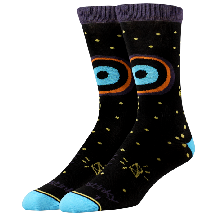 Black socks with colorful designs on a white background