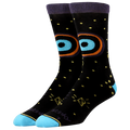 Black socks with colorful designs on a white background