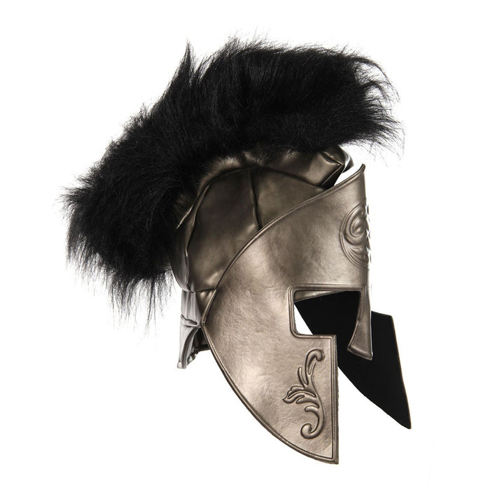 A plush Spartan warrior helmet with a silver metallic finish and black faux fur plume.