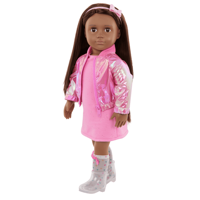 Our Generation Deluxe Outfit Splash of Pink including pink dress, shiny pink jacket, socks boots and headband