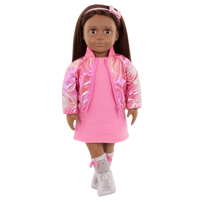 Our Generation Deluxe Outfit Splash of Pink including pink dress, shiny pink jacket, socks boots and headband