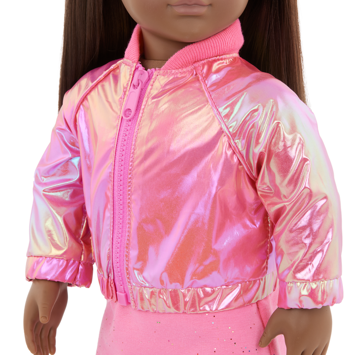 Our Generation Deluxe Outfit Splash of Pink including pink dress, shiny pink jacket, socks boots and headband