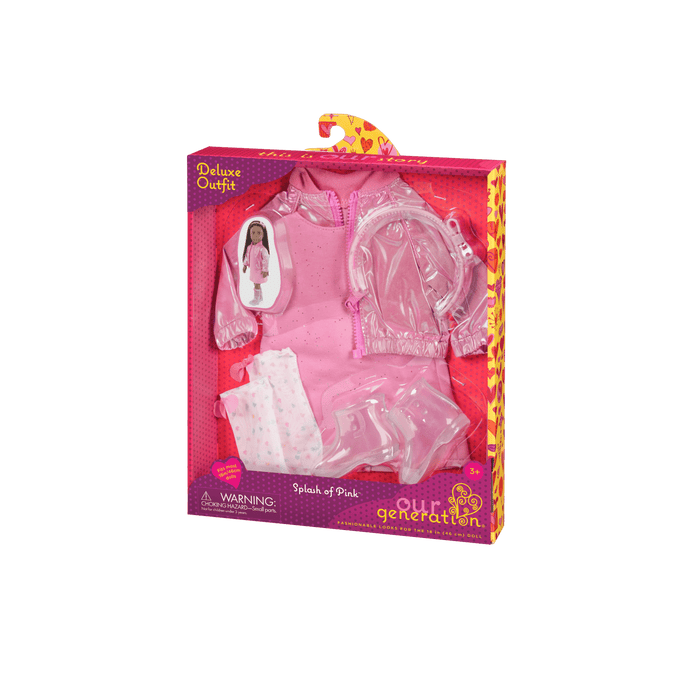 Our Generation Deluxe Outfit Splash of Pink including pink dress, shiny pink jacket, socks boots and headband