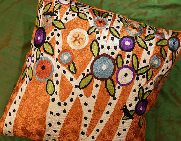 Spring Blooms Karla Gerard Accent Pillow Cover Handembroidered Art Silk 18"x18" - KashmirDesigns