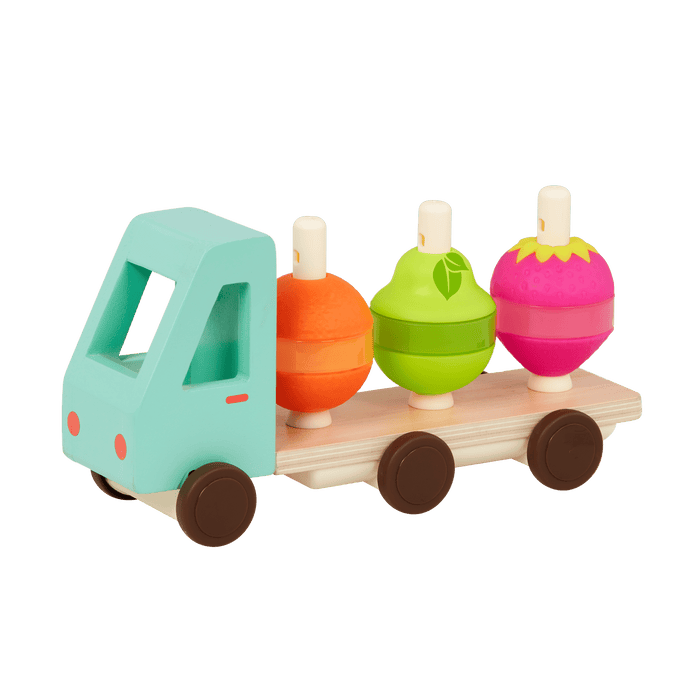 Toy truck with stackable fruits.