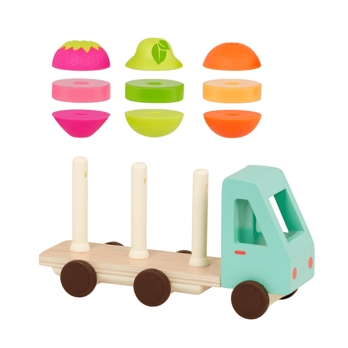 Toy truck with stackable fruits.
