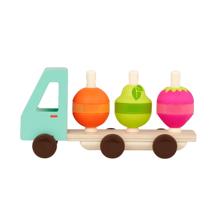 Toy truck with stackable fruits.