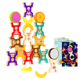 Colorful stacked monkey and fruit toys with a booklet.