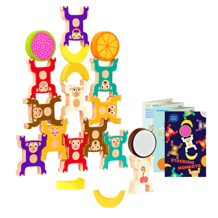 Colorful stacked monkey and fruit toys with a booklet.