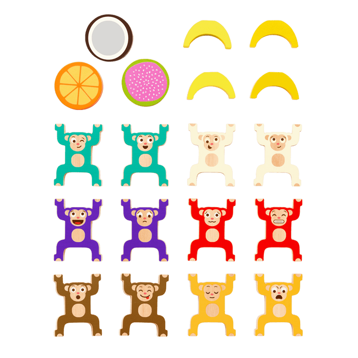 Colorful stacked monkey and fruit toys with a booklet.
