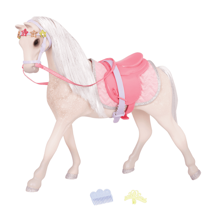 Beige and silver horse with saddle and accessories