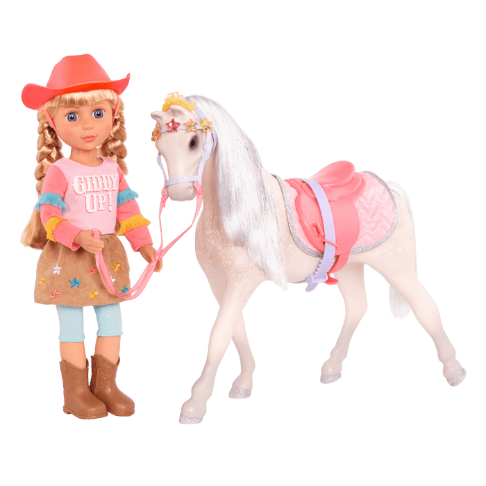 Beige and silver horse with saddle and accessories