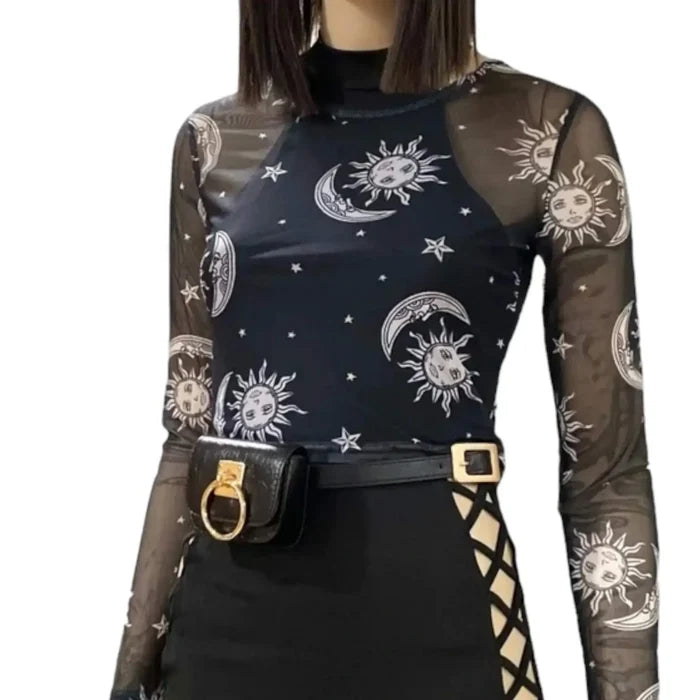 Women's Stars Moon Long Sleeve Crop Top celestial crop tops in black/white, white/black, or orange/black one size
