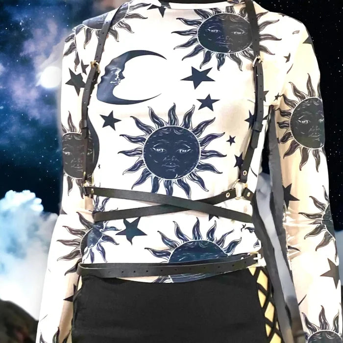 Women's Stars Moon Long Sleeve Crop Top celestial crop tops in black/white, white/black, or orange/black one size