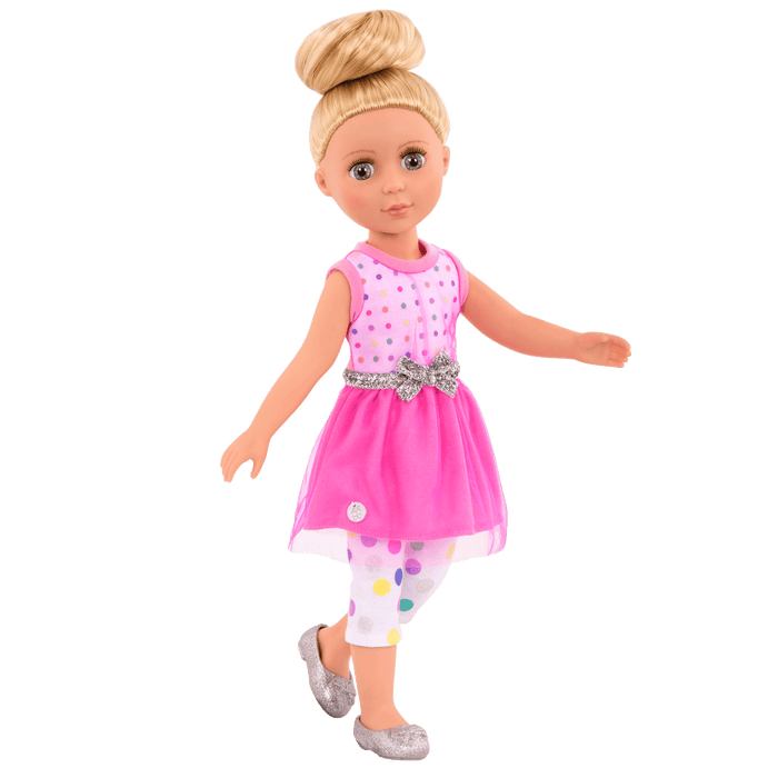 Pink dress with glitter shoes for 14-inch doll