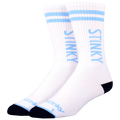 White socks with blue stripes and 'Stinky' branding on a white background