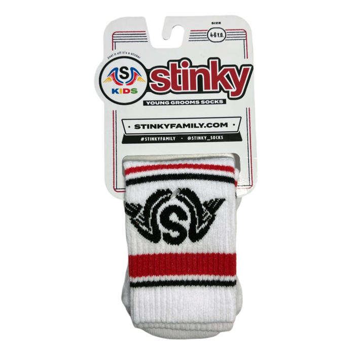 White sock with red and black stripes in packaging labeled 'Stinky' on a white background