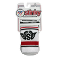 White sock with red and black stripes in packaging labeled 'Stinky' on a white background
