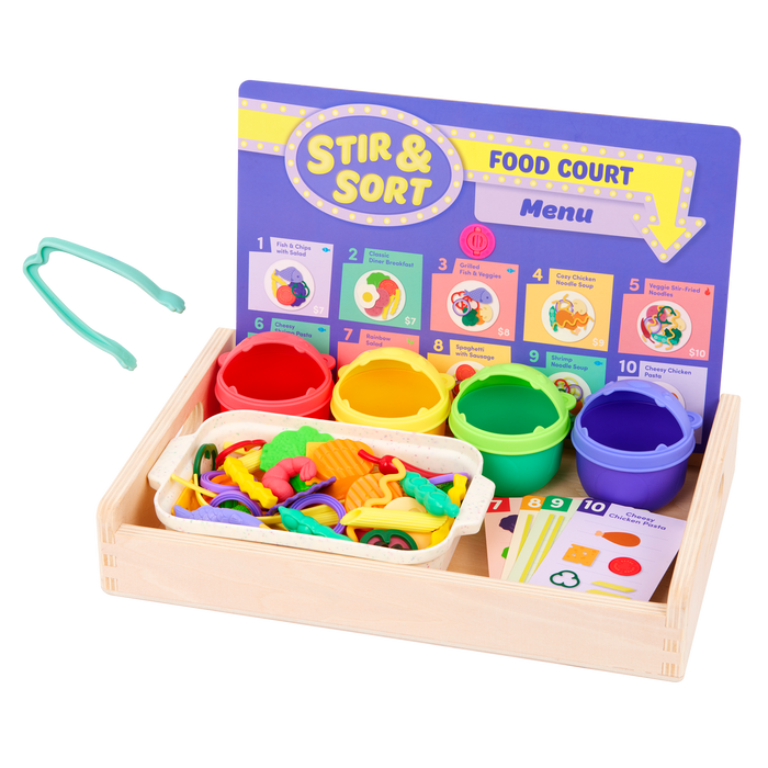 Colorful food sorting game with tongs, play food, activity cards, bowls, and a menu.