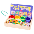 Colorful food sorting game with tongs, play food, activity cards, bowls, and a menu.