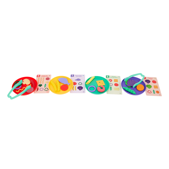 Colorful food sorting game with tongs, play food, activity cards, bowls, and a menu.