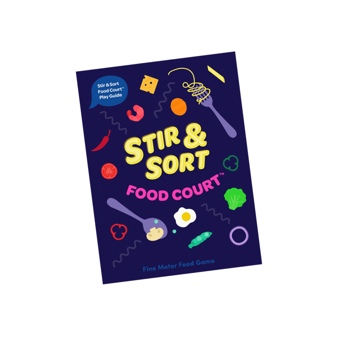 Colorful food sorting game with tongs, play food, activity cards, bowls, and a menu.