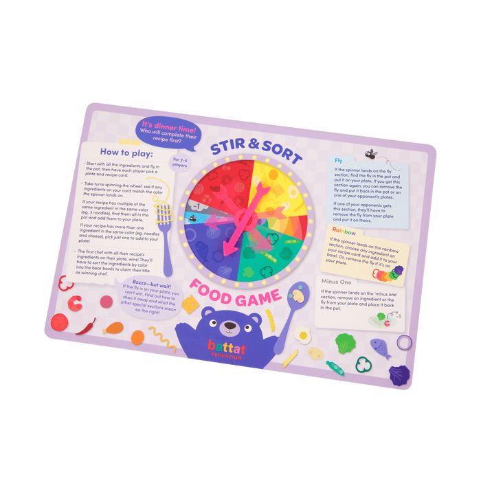 Colorful food sorting game with tongs, play food, activity cards, bowls, and a menu.