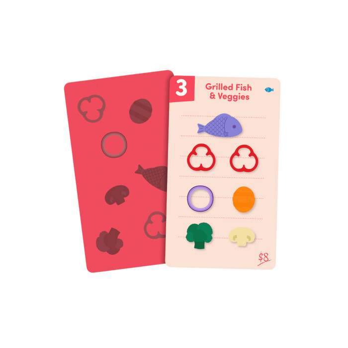 Colorful food sorting game with tongs, play food, activity cards, bowls, and a menu.