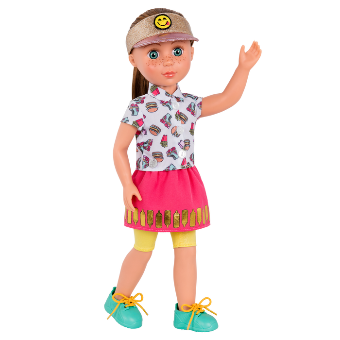 14-inch posable doll with brown hair and blue eyes