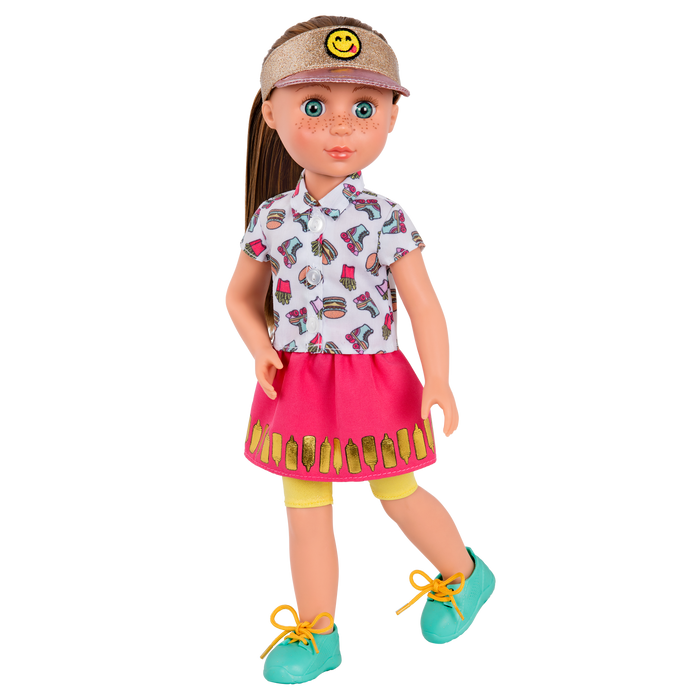 14-inch posable doll with brown hair and blue eyes