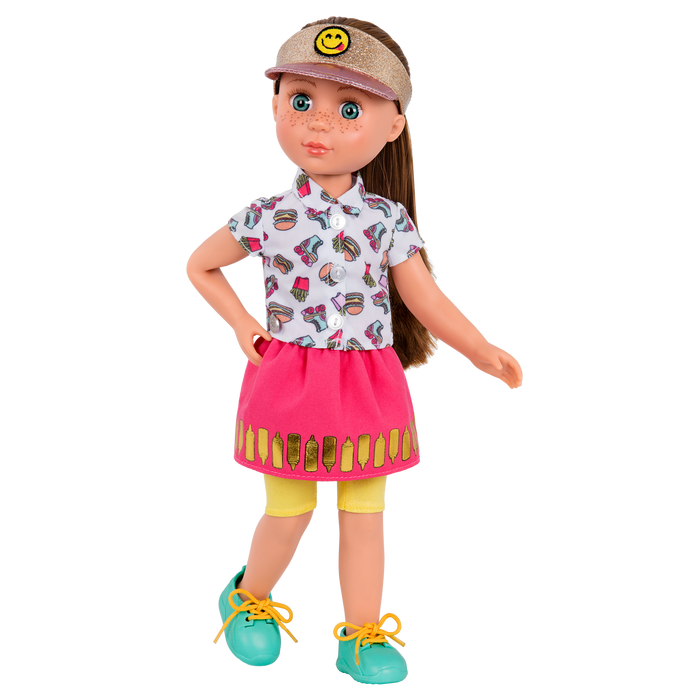 14-inch posable doll with brown hair and blue eyes