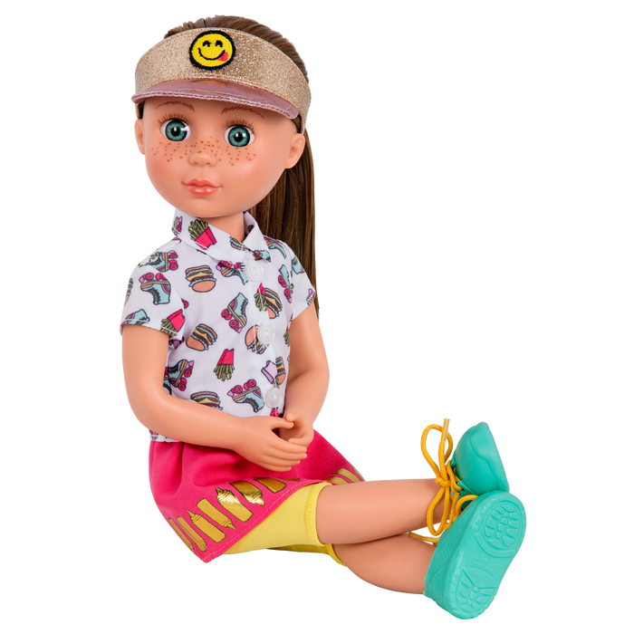 14-inch posable doll with brown hair and blue eyes