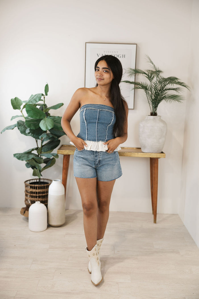 Strapless Eyelet Denim Top