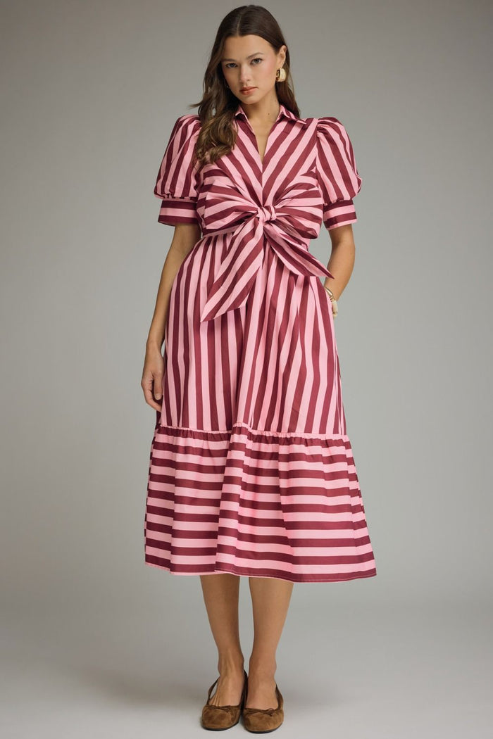 Striped Front Tie Puff Sleeve Midi Dress