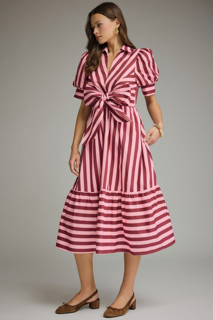 Striped Front Tie Puff Sleeve Midi Dress