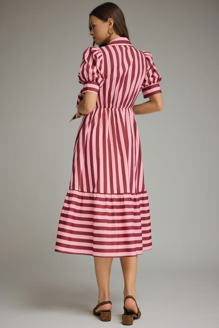 Striped Front Tie Puff Sleeve Midi Dress