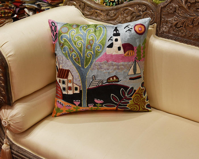 Summer Day Karla Gerard Accent Pillow Cover Handembroidered Art Silk 18"x18" - KashmirDesigns