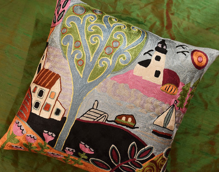 Summer Day Karla Gerard Accent Pillow Cover Handembroidered Art Silk 18"x18" - KashmirDesigns