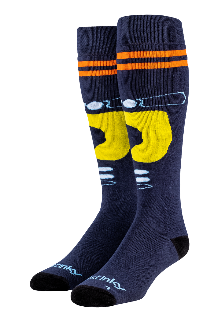 Navy knee-high socks with yellow graphic design on a white background