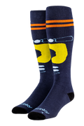 Navy knee-high socks with yellow graphic design on a white background