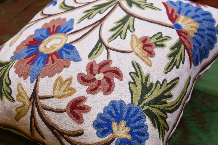 Suzani Pillow Cover Ivory Dahlia Decorative Floral Hand embroidered Wool 18x18" - KashmirDesigns