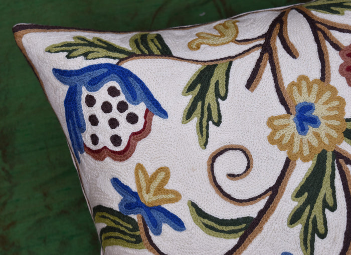Suzani Pillow Cover Ivory Dahlia Decorative Floral Hand embroidered Wool 18x18" - KashmirDesigns