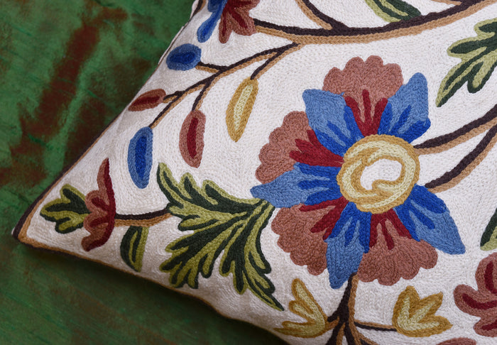 Suzani Pillow Cover Ivory Dahlia Decorative Floral Hand embroidered Wool 18x18" - KashmirDesigns