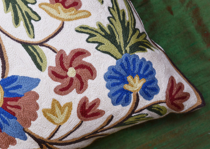 Suzani Pillow Cover Ivory Dahlia Decorative Floral Hand embroidered Wool 18x18" - KashmirDesigns