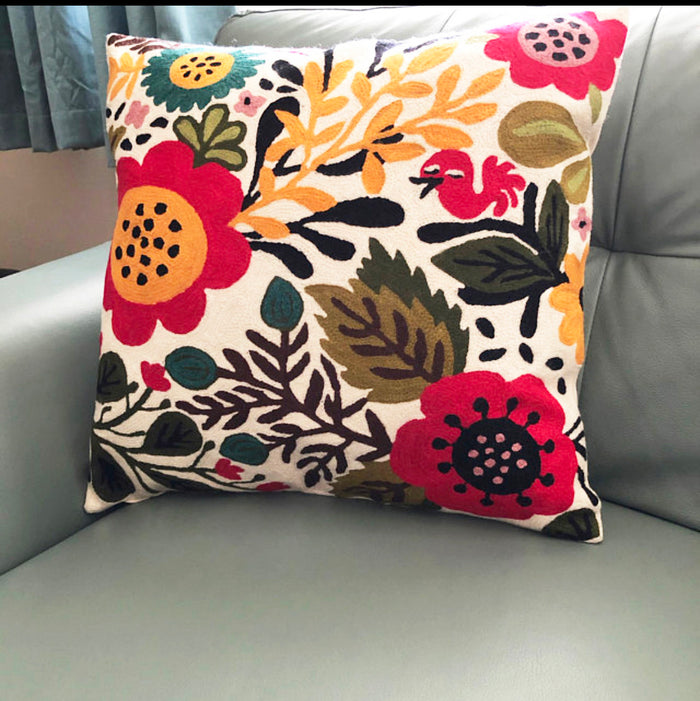Suzani Red Bird Floral Bloom Decorative Pillow Cover Handembroidered Wool 18x18