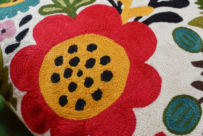 Suzani Red Bird Floral Bloom Decorative Pillow Cover Handembroidered Wool 18x18" - KashmirDesigns