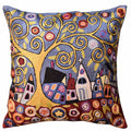 Swirl Tree Village  Karla Gerard Pillow Cover Handembroidered Art Silk 18"x18" - KashmirDesigns