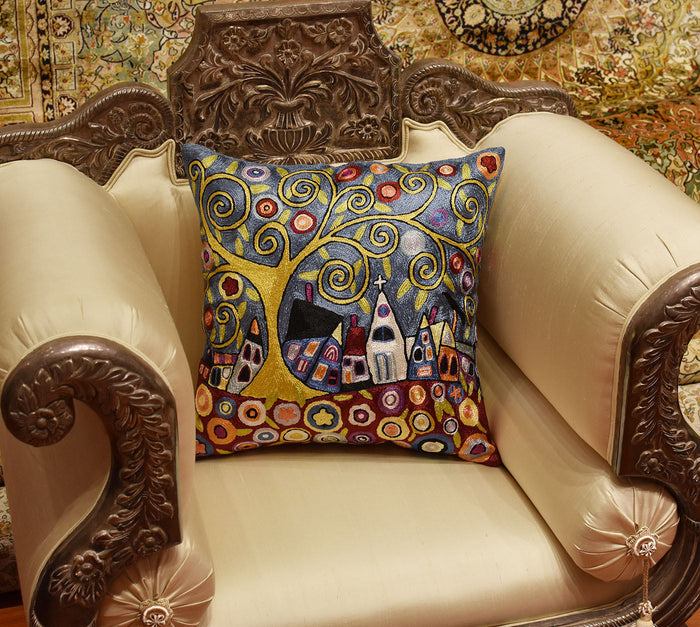 Swirl Tree Village  Karla Gerard Pillow Cover Handembroidered Art Silk 18"x18" - KashmirDesigns