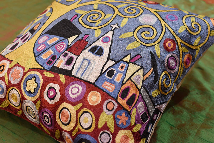 Swirl Tree Village  Karla Gerard Pillow Cover Handembroidered Art Silk 18"x18" - KashmirDesigns
