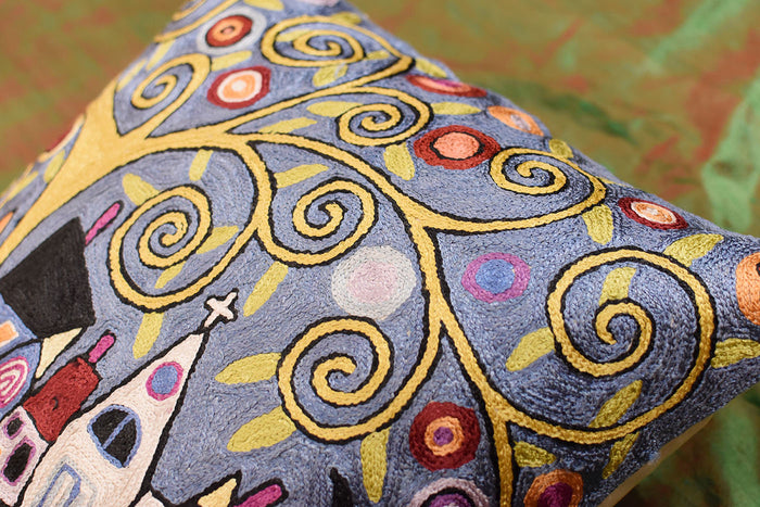 Swirl Tree Village  Karla Gerard Pillow Cover Handembroidered Art Silk 18"x18" - KashmirDesigns